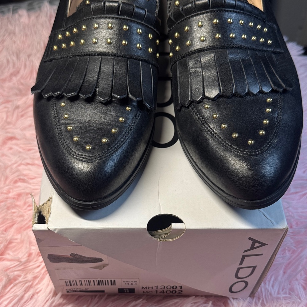 Aldo Black Leather Studded Fringe Loafers